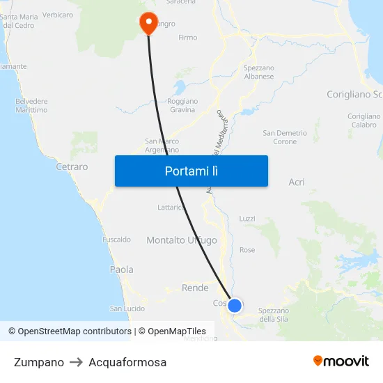 Zumpano to Acquaformosa map