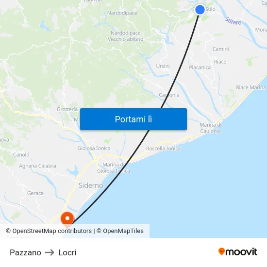Pazzano to Locri map
