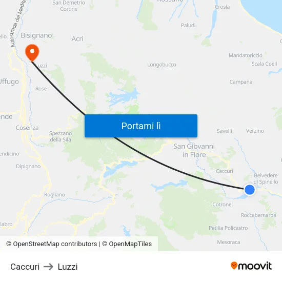 Caccuri to Luzzi map
