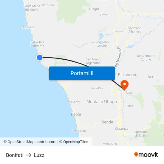 Bonifati to Luzzi map