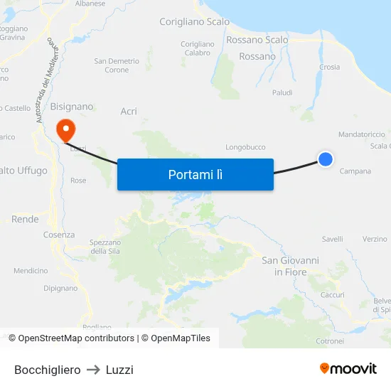 Bocchigliero to Luzzi map