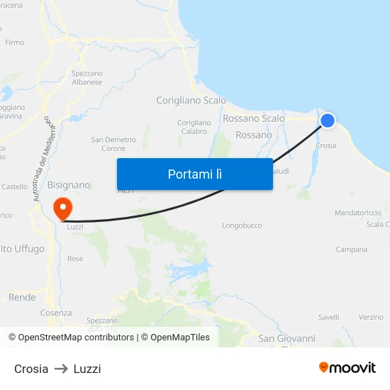 Crosia to Luzzi map
