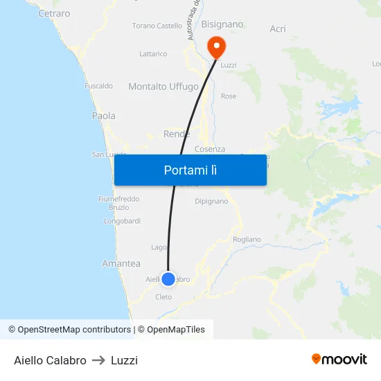 Aiello Calabro to Luzzi map