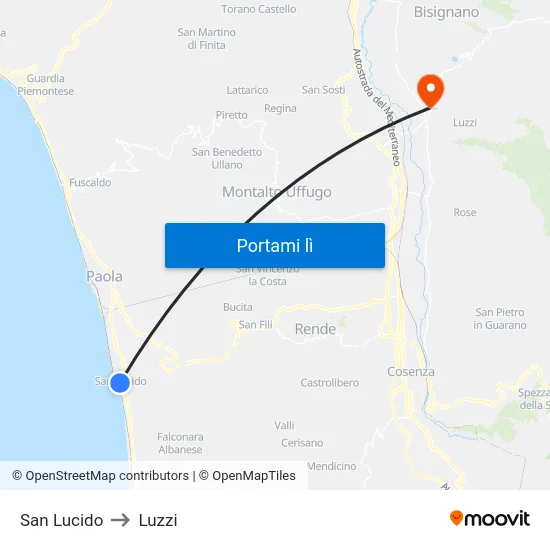 San Lucido to Luzzi map