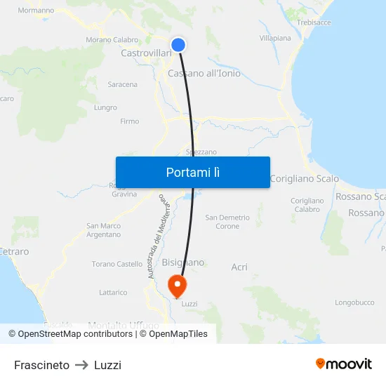 Frascineto to Luzzi map