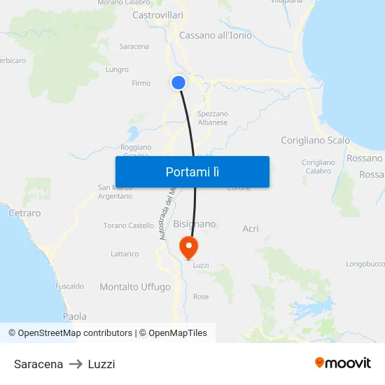 Saracena to Luzzi map