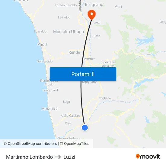 Martirano Lombardo to Luzzi map