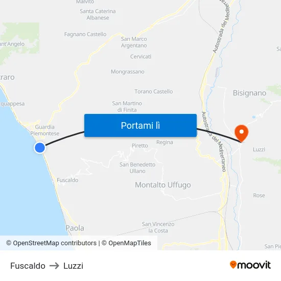 Fuscaldo to Luzzi map