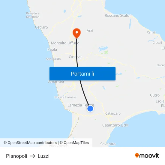 Pianopoli to Luzzi map
