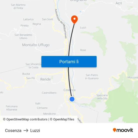 Cosenza to Luzzi map