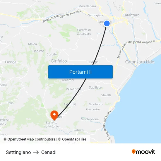 Settingiano to Cenadi map