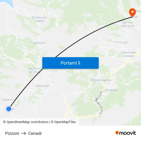 Pizzoni to Cenadi map