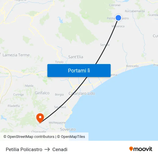 Petilia Policastro to Cenadi map