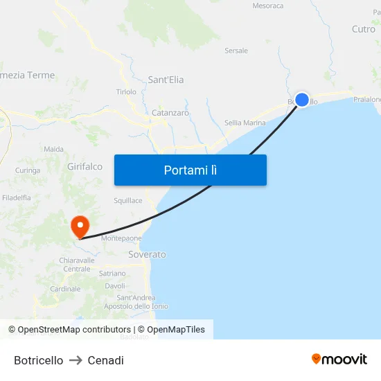 Botricello to Cenadi map