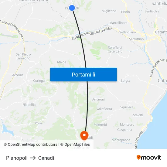 Pianopoli to Cenadi map