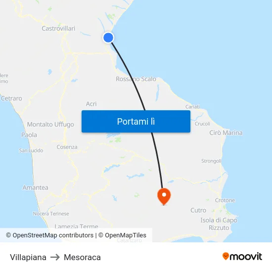 Villapiana to Mesoraca map