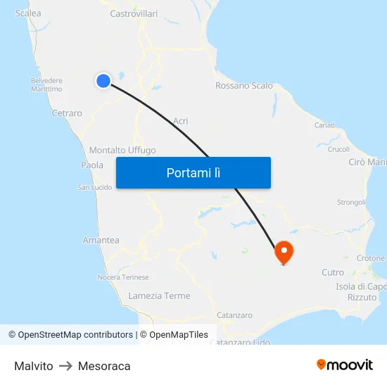 Malvito to Mesoraca map