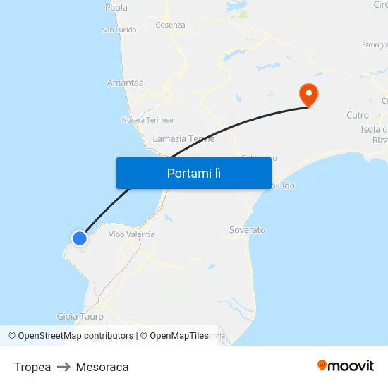 Tropea to Mesoraca map