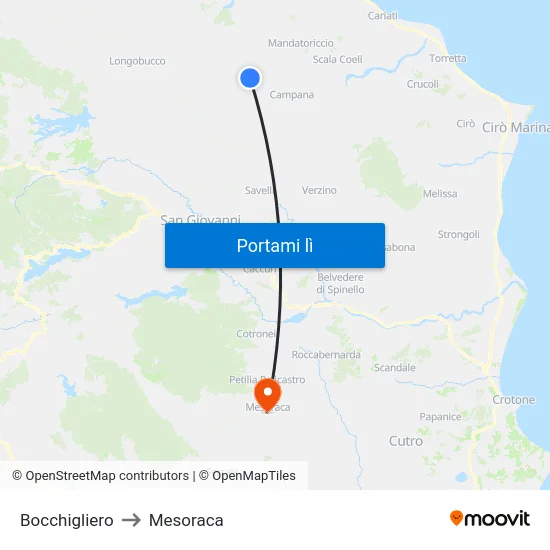 Bocchigliero to Mesoraca map