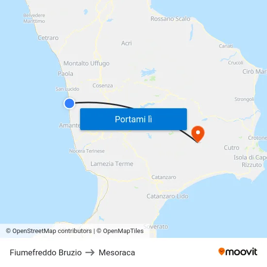 Fiumefreddo Bruzio to Mesoraca map