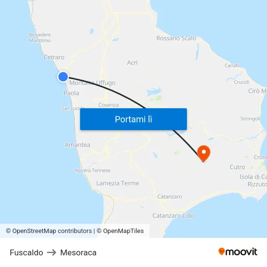 Fuscaldo to Mesoraca map