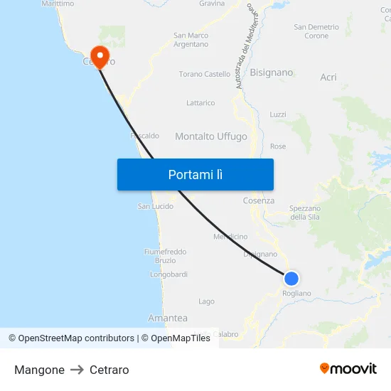 Mangone to Cetraro map
