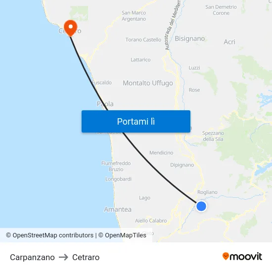 Carpanzano to Cetraro map