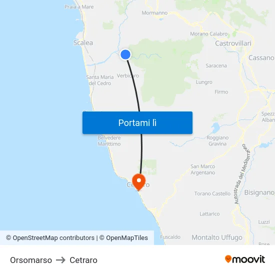 Orsomarso to Cetraro map