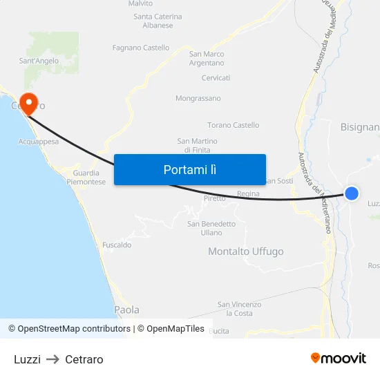 Luzzi to Cetraro map