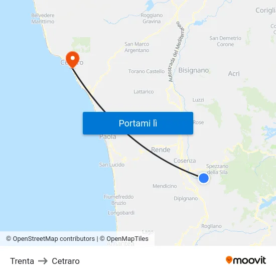 Trenta to Cetraro map