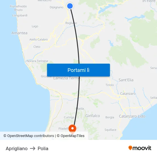 Aprigliano to Polia map