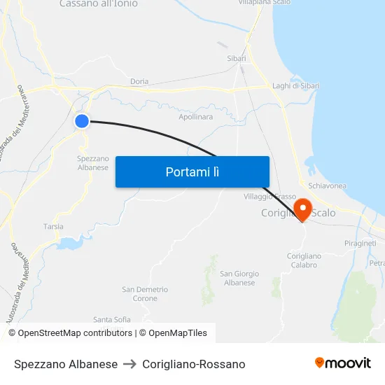 Spezzano Albanese to Corigliano-Rossano map