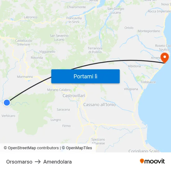 Orsomarso to Amendolara map