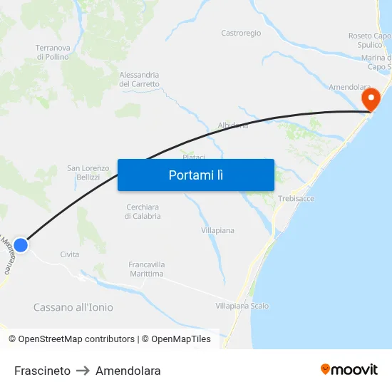 Frascineto to Amendolara map