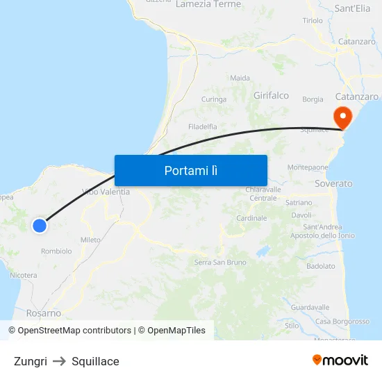 Zungri to Squillace map