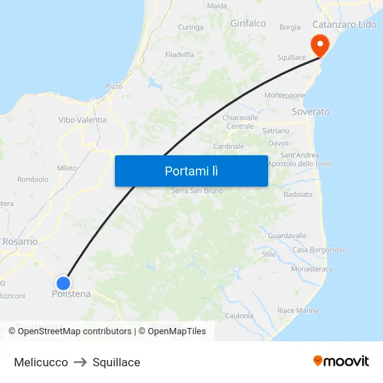 Melicucco to Squillace map