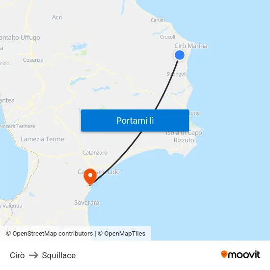 Cirò to Squillace map