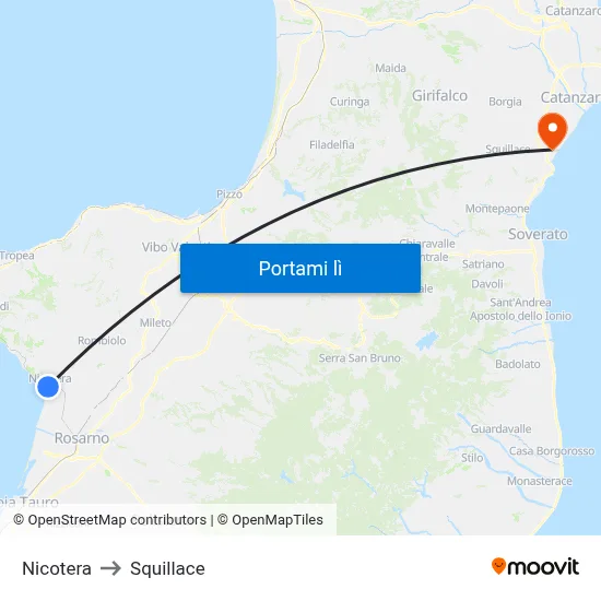 Nicotera to Squillace map