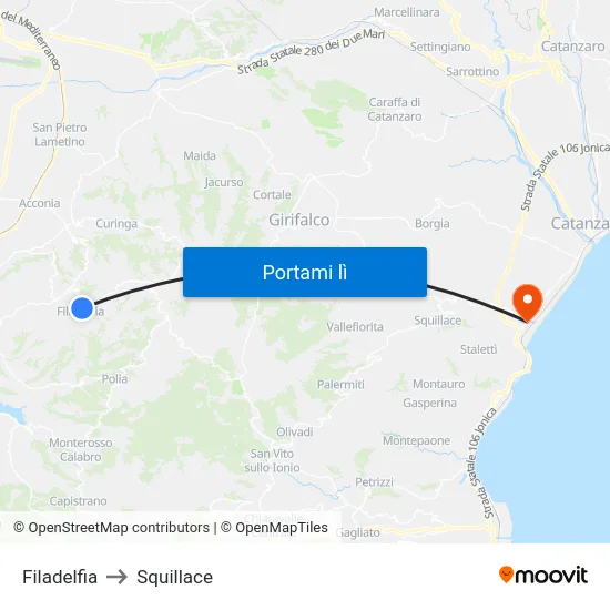 Filadelfia to Squillace map