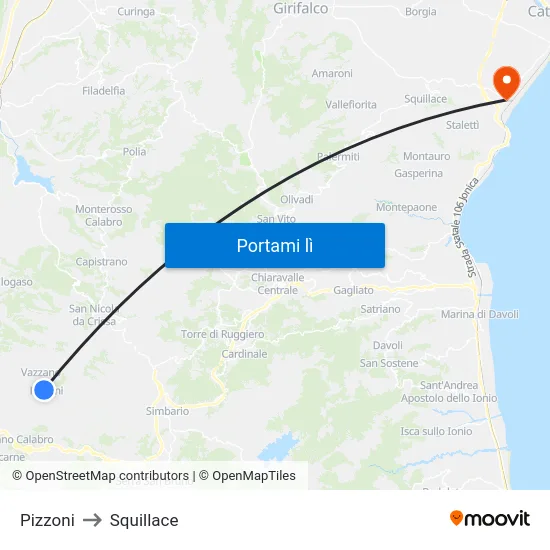 Pizzoni to Squillace map