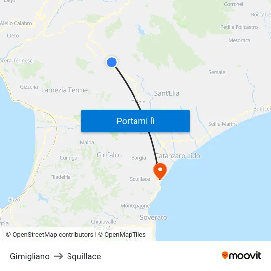 Gimigliano to Squillace map