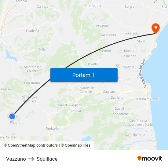 Vazzano to Squillace map