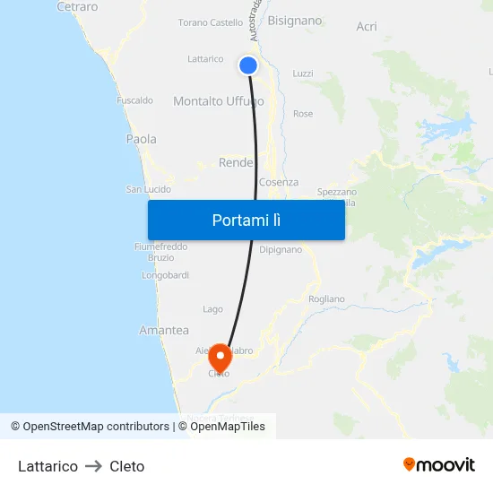 Lattarico to Cleto map