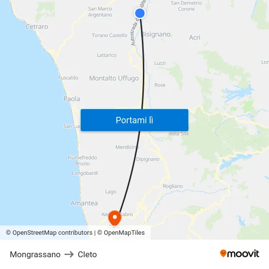 Mongrassano to Cleto map