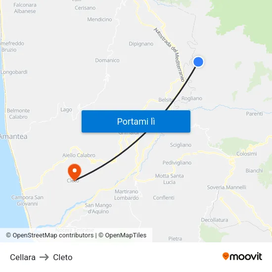 Cellara to Cleto map