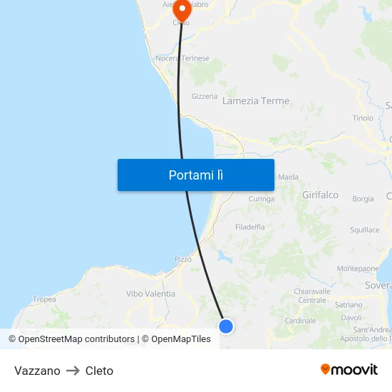 Vazzano to Cleto map