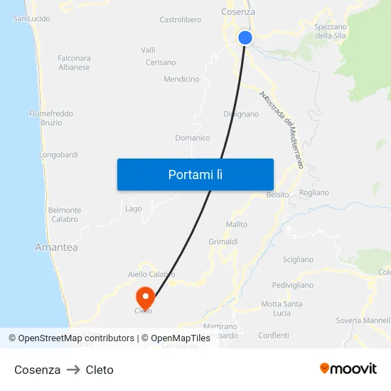 Cosenza to Cleto map