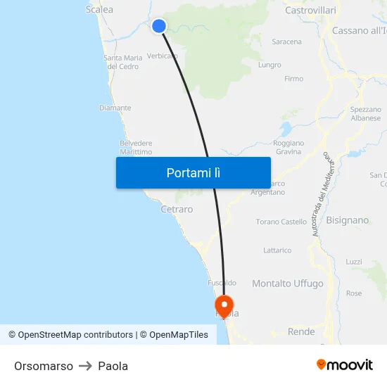 Orsomarso to Paola map