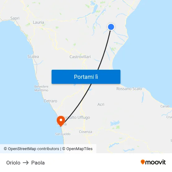 Oriolo to Paola map