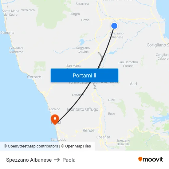Spezzano Albanese to Paola map